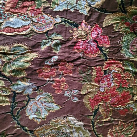 Vintage Tapestry Upholstery Fabric 1-1/3 Yards Bright Floral on Brown Background - Picture 3 of 5